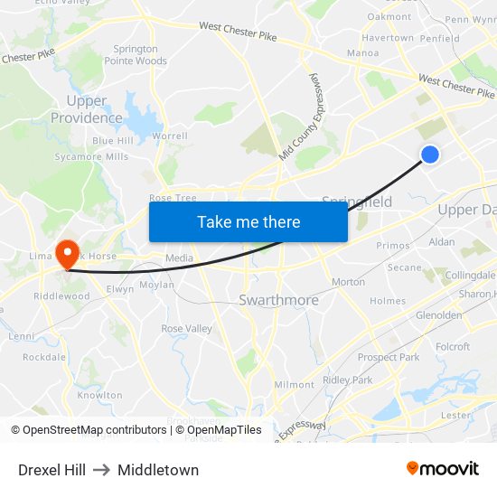 Drexel Hill to Middletown map