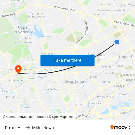 Drexel Hill to Middletown map