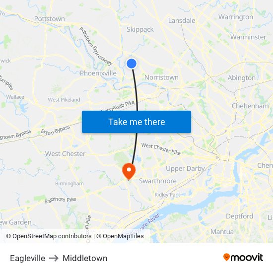 Eagleville to Middletown map