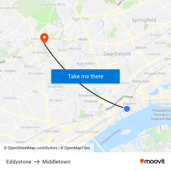 Eddystone to Middletown map