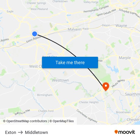 Exton to Middletown map