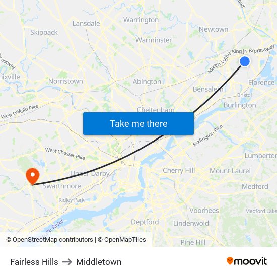 Fairless Hills to Middletown map