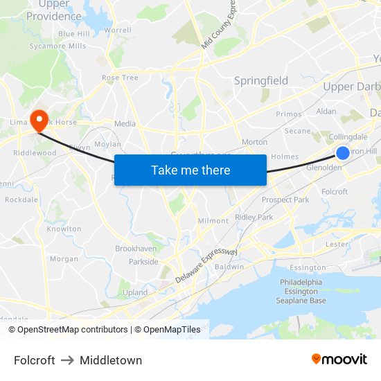 Folcroft to Middletown map