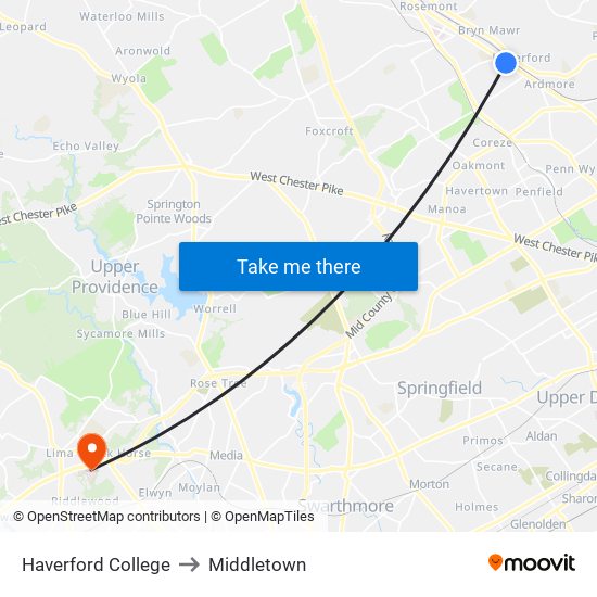 Haverford College to Middletown map