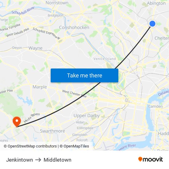 Jenkintown to Middletown map