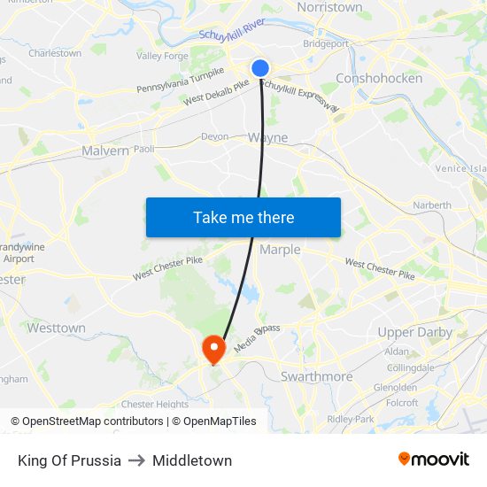 King Of Prussia to Middletown map