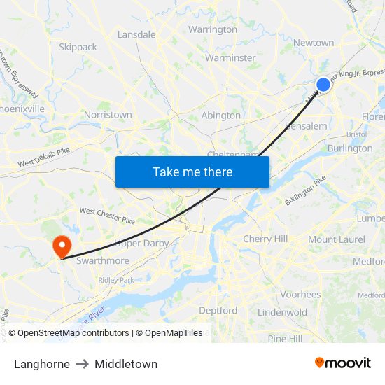 Langhorne to Middletown map