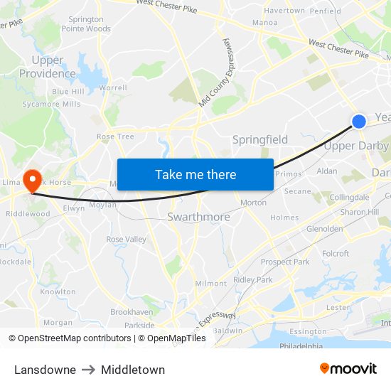 Lansdowne to Middletown map