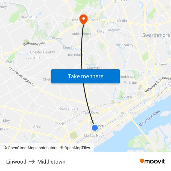 Linwood to Middletown map