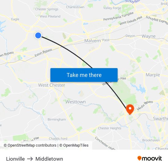 Lionville to Middletown map