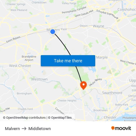 Malvern to Middletown map