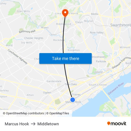 Marcus Hook to Middletown map