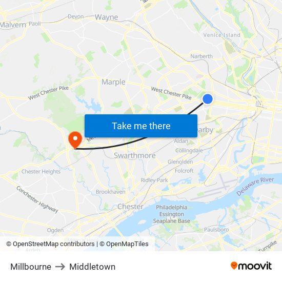 Millbourne to Middletown map