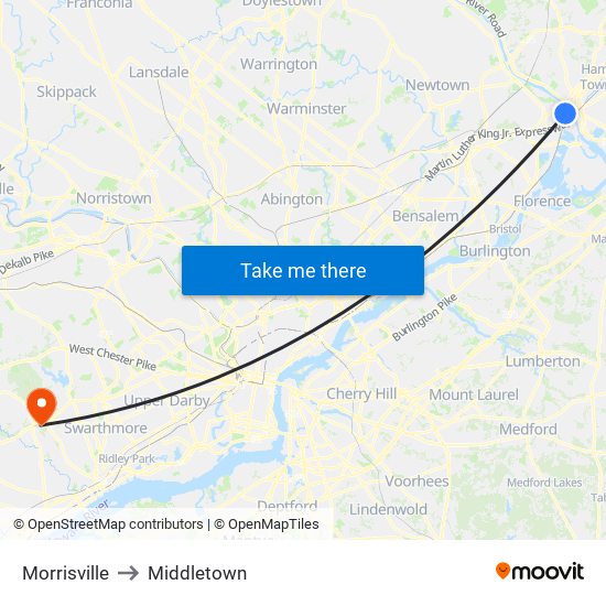 Morrisville to Middletown map