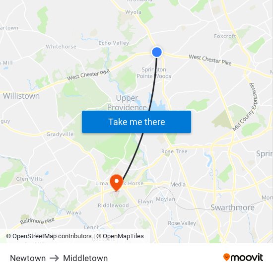 Newtown to Middletown map