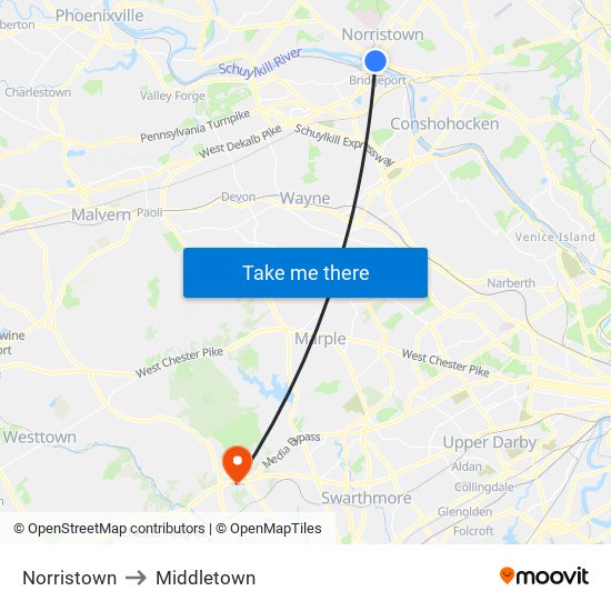 Norristown to Middletown map