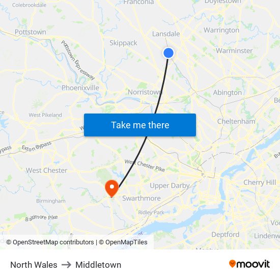 North Wales to Middletown map