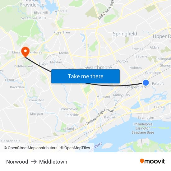 Norwood to Middletown map