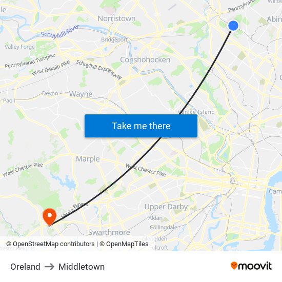 Oreland to Middletown map
