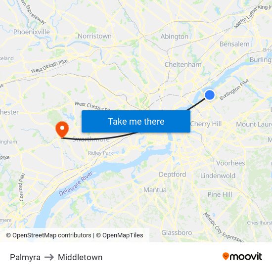 Palmyra to Middletown map