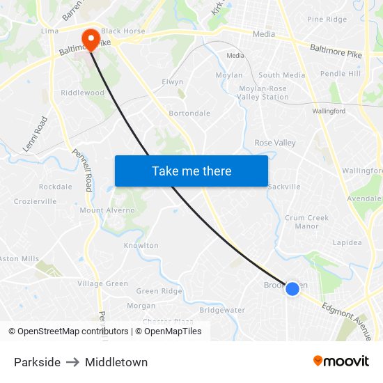 Parkside to Middletown map