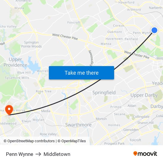 Penn Wynne to Middletown map