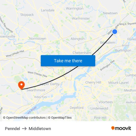 Penndel to Middletown map