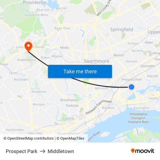 Prospect Park to Middletown map