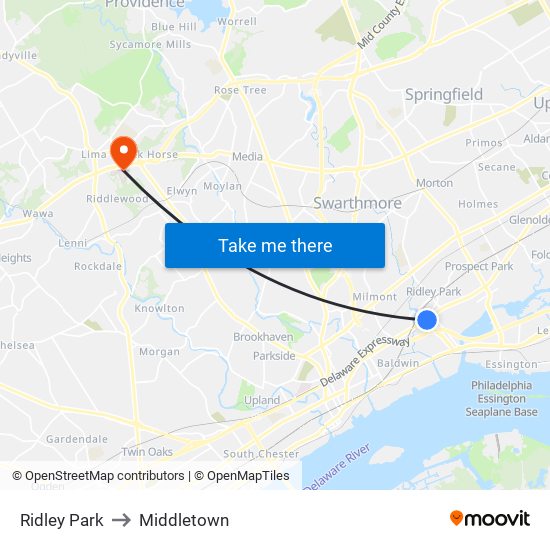 Ridley Park to Middletown map