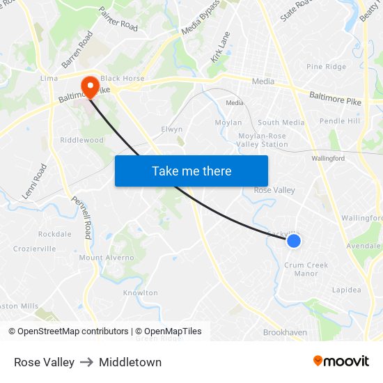 Rose Valley to Middletown map