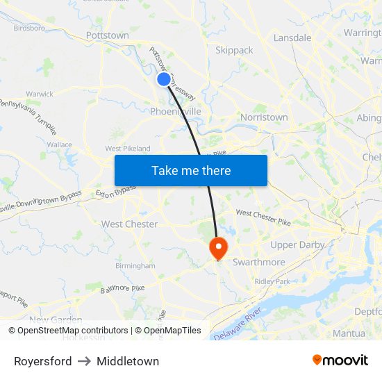 Royersford to Middletown map