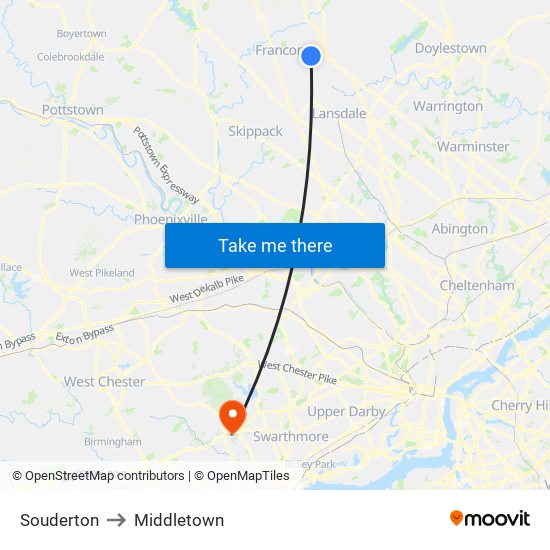 Souderton to Middletown map
