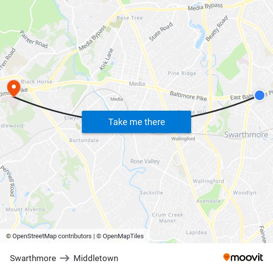 Swarthmore to Middletown map