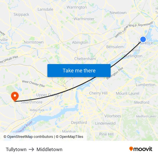 Tullytown to Middletown map