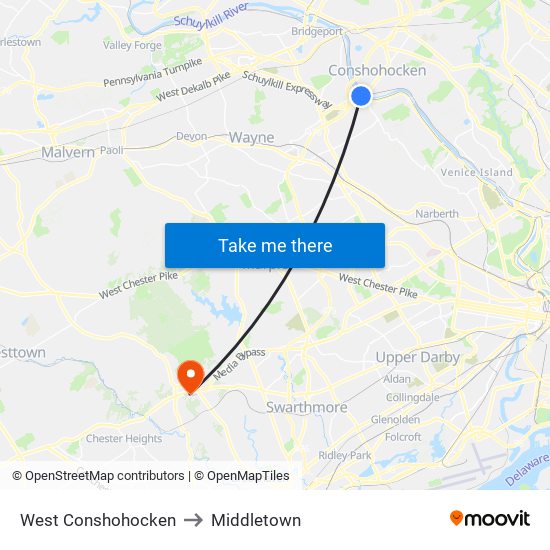 West Conshohocken to Middletown map