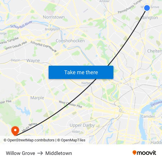 Willow Grove to Middletown map
