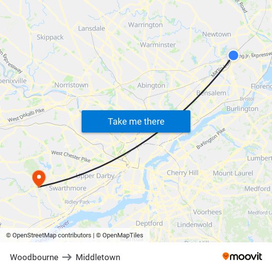 Woodbourne to Middletown map