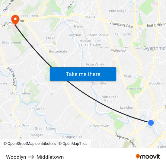 Woodlyn to Middletown map