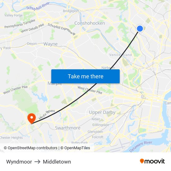 Wyndmoor to Middletown map