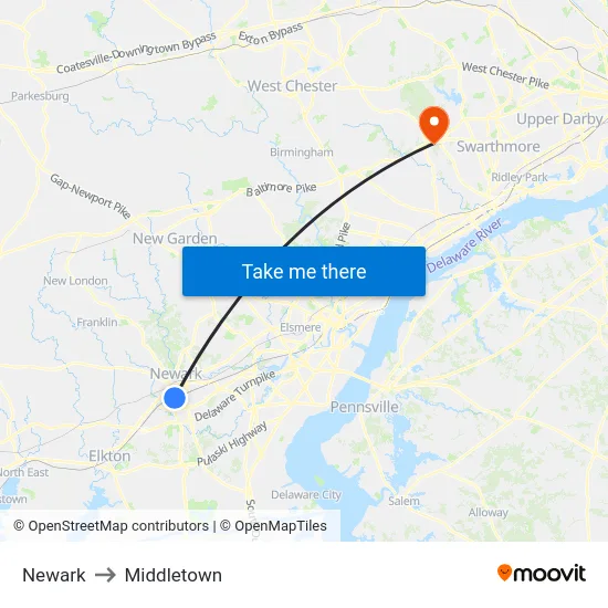 Newark to Middletown map