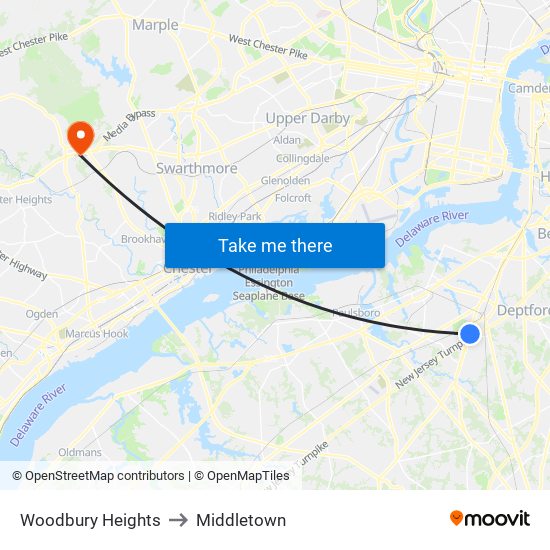 Woodbury Heights to Middletown map