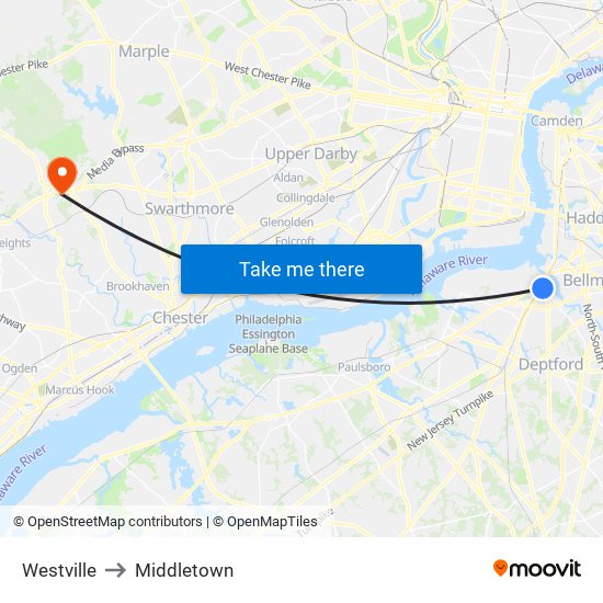 Westville to Middletown map