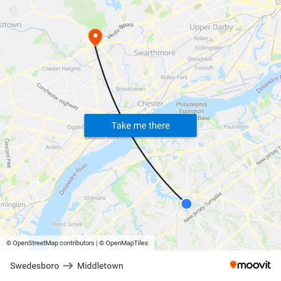 Swedesboro to Middletown map