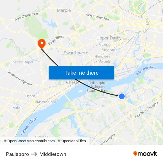 Paulsboro to Middletown map