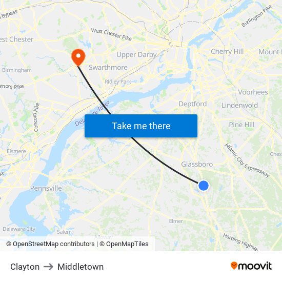 Clayton to Middletown map