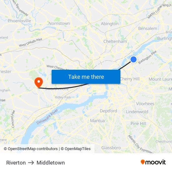 Riverton to Middletown map
