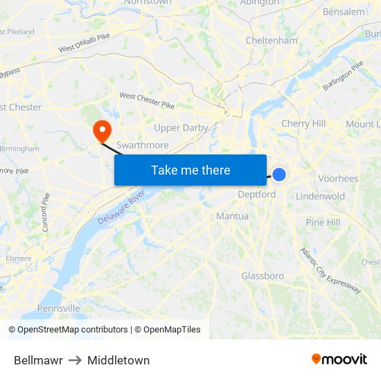 Bellmawr to Middletown map