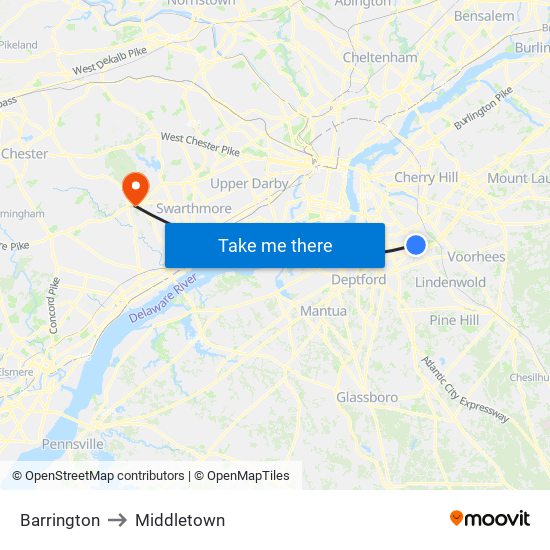 Barrington to Middletown map
