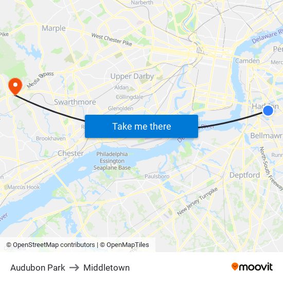 Audubon Park to Middletown map