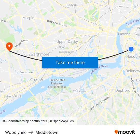 Woodlynne to Middletown map